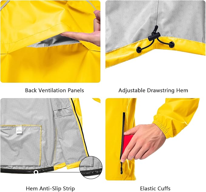 Hugut Men's Cycling Running Rain Jacket Lightweight Waterproof Biking Hiking Windbreaker Raincoat Reflective Packable