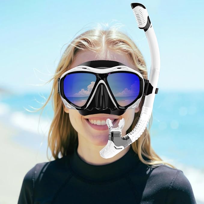 Snorkeling Gear for Adults, Snorkel Mask With Mirrored Tempered Glass Lens 180° Wide View Anti-Fog Scuba Diving Mask, Professional Snorkel Set for Swimming Diving, Gifts for Women Mom Men Dad