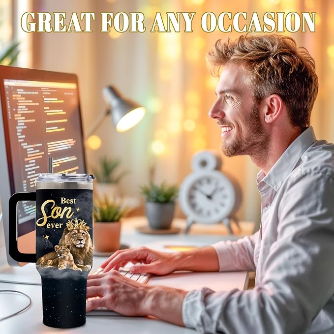 DUUV Gifts for Son, To My Son Birthday Tumbler from Mom Dad, Best Sons Ever Tumbler 40 Oz with Handle and Straw, Christmas Thanksgiving Birthday Gift for Grown Sons, 1PCS