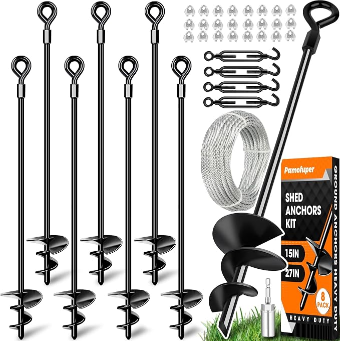 27in 8 Pack Ground Anchors with 3/16" Galvanized Cable Shed Anchor Kit, Trampoline Stakes Anchors High Wind – Ideal for Canopies, Sheds, Car Ports, Swing Sets Gazebo Greenhouse (27 in of 8 Pcs)