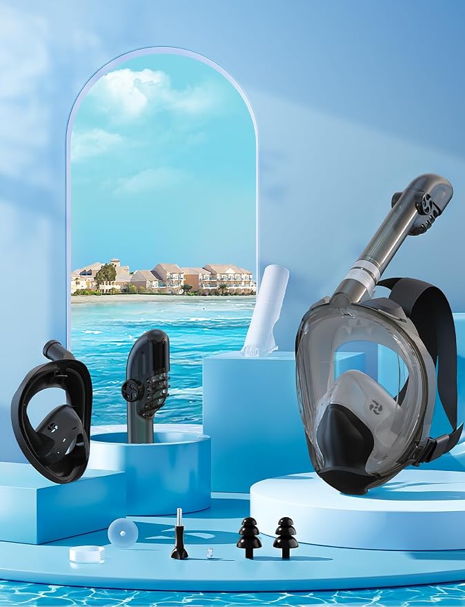Full Face Snorkel Mask for Adults, 180° Panoramic Anti-Fog Snorkeling Gear with Dry Top System & Camera Mount, Foldable Anti-Leak Design for Travel, Swimming & Ocean Snorkeling