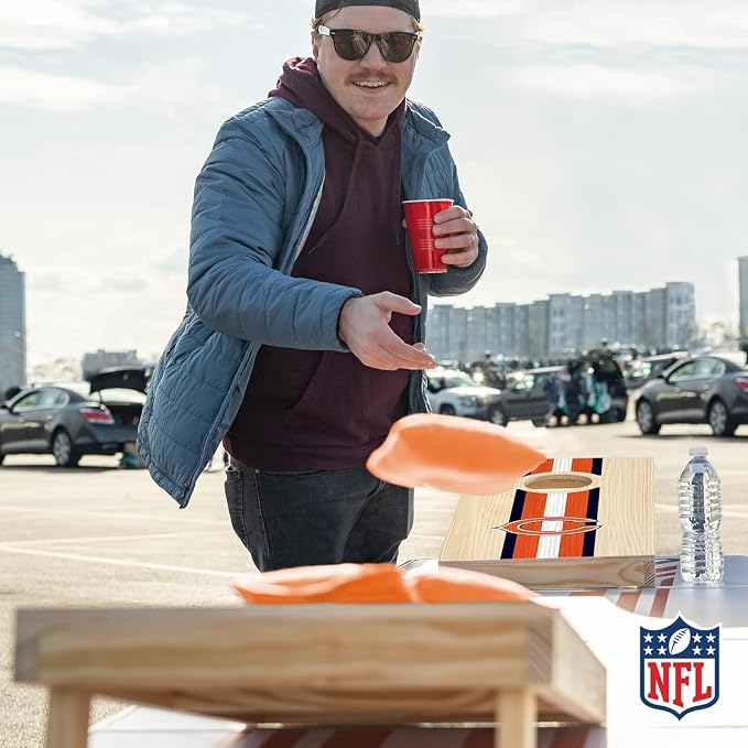 NFL Football Portable Size 1' x 2' Solid Wood Cornhole Set with Direct Print HD Team Graphics – Travel Size