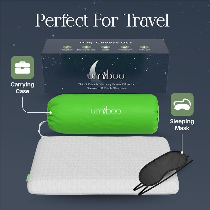 Focus Umiboo 2.6-Inch Low Profile Gel Memory Foam Pillow for Stomach or Back Sleepers with Polyester Bamboo Cover and Case for Travel and Eye Mask (White)