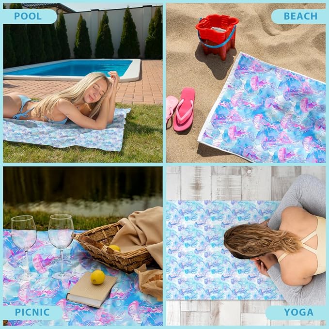 2 Pcs Microfiber Beach Towel Sand Free Quick Dry Oversized Blue Pink Purple Artistic Watercolor Jellyfish Pattern Bath Towels for Adults Swimming Travel Pool 71 x 32 Inches