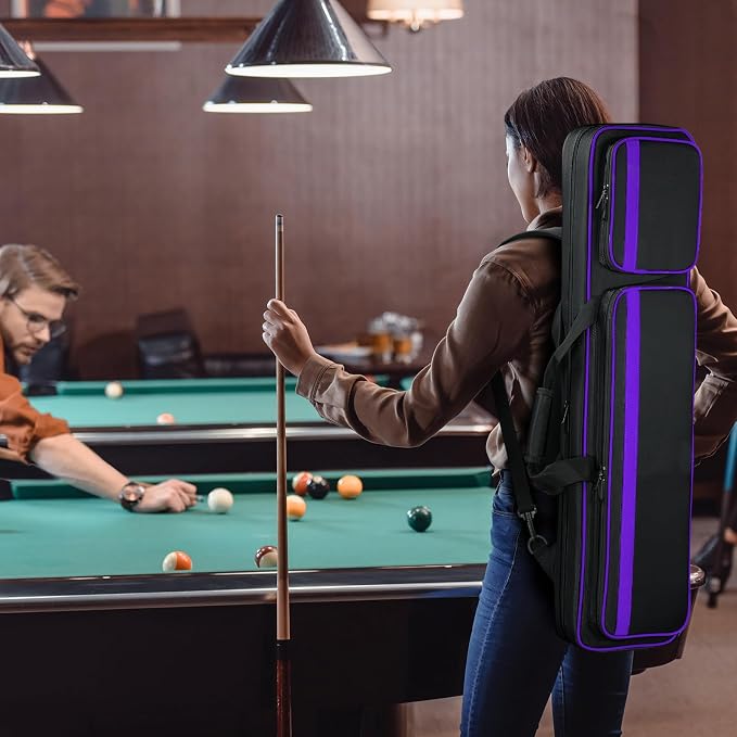 Pool Cue Case 4x5, Pool Cue Carrying Case Soft Padded Billiard Stick Bag with Multi-pocket for 4 Butts and 5 Shafts (1PCS Grey + 1PCS Purple)