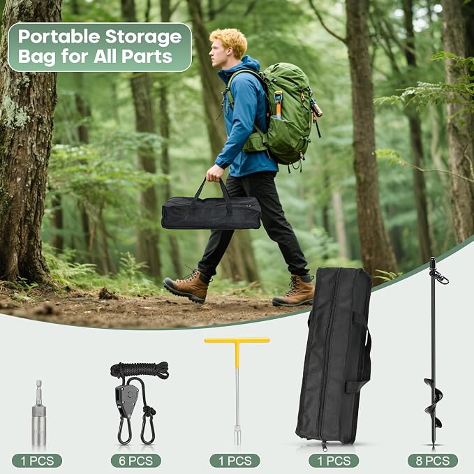 Tinnmao 6-Pack 17.7" Tent Stakes Heavy Duty, with 8" Ratchet Tie Down Straps (1/8" φ) Kit for High Wind, 8mm Solid Steel Spiral Ground Anchors Screw in for Tarp | Canopy | Sand Beach Camping Tent