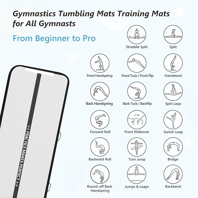 VOFiTNY All Purpose Gymnastics Mat 6.6/10/13/16/20 ft Sturdy Inflatable Tumble Track for Home/Gym