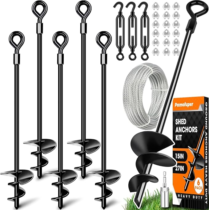 15in 6 Pack Ground Anchors with 1/8" Galvanized Cable Shed Anchor Kit, Trampoline Stakes Anchors High Wind – Ideal for Canopies, Sheds, Car Ports, Swing Sets Gazebo Greenhouse (15 in of 6 Pcs)