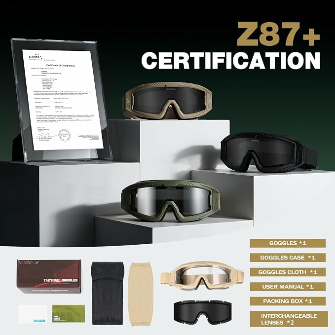Airsoft Goggles OTG, ANSI Z87.1+ Anti-Fog Tactical Safety Goggles, Impact-Resistant Dust-Proof Eye Protection