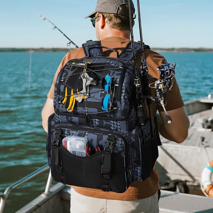 RUCYEN Fishing Backpack, 45L Large Cooler Fishing Tackle bag with Rod Holders & Rain Cover, Water-resistant Store Fishing Gear