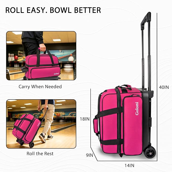 Goloni Double Roller 2 Ball Bowling Bag with Separate Shoe Compartment,2 Ball Bowling Bag with Wheels,Retractable Handle Extends to 40"