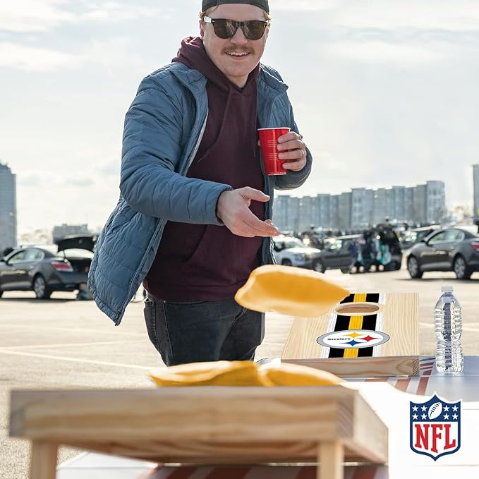 NFL Football Portable Size 1' x 2' Solid Wood Cornhole Set with Direct Print HD Team Graphics – Travel Size