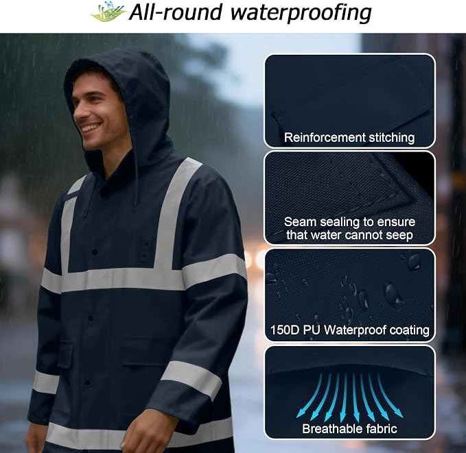 High Visibility Rain Suit, High Vis Rain Suit for Men, Waterproof Rain Jacket with Hood, Class 3 Lightweight Hi Vis Rain Gear for Outdoor & Safety Work, Men Women, Dark Blue Long, 2XL