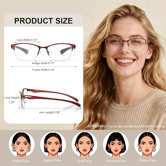 SKYOAK 2 Pack Stylish Progressive Reading Glasses for Women, Metal Half Frame Fashion Anti UV400/Eye Strain Computer Readers, Cat Eye Modern Design Ladies No-Line Multifocal Eyeglasses, +1.25