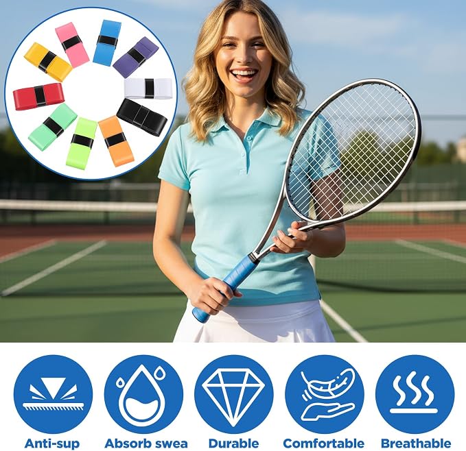 100 PCS Tennis Racket Overgrips, 10 Colors Badminton Racket Overgrip Bulk, Soft Tennis Racket Grip Tape, Anti Slip and Absorbent Grip for Badminton Racquet, Fishing Rods, Bike Handlebar