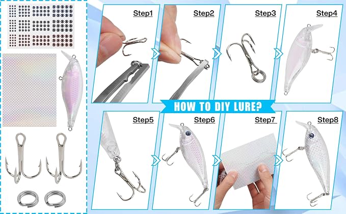 Blank Fishing Lure Kit,Unpainted Popper Plug Lures DIY Crank Bait Set Fishing Pliers Treble Hooks 3D/4D Lure Eyes Bait Sticker Split Rings,Fish Tackle Accessories Kits