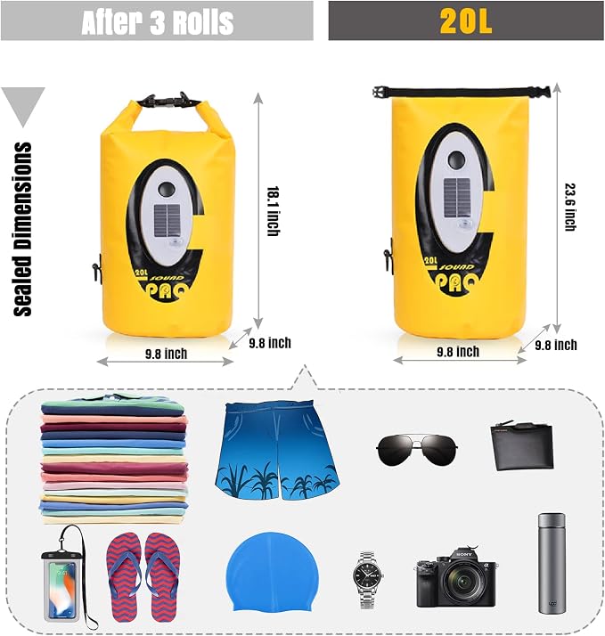 Qoolife Dry Bag Waterproof with Solar Bluetooth Speaker & Light - 10L/20L Roll Top Dry Sack Keeps Gear Dry for Men Women Kayaking, Beach, Rafting, Boating, Hiking, Camping and Fishing