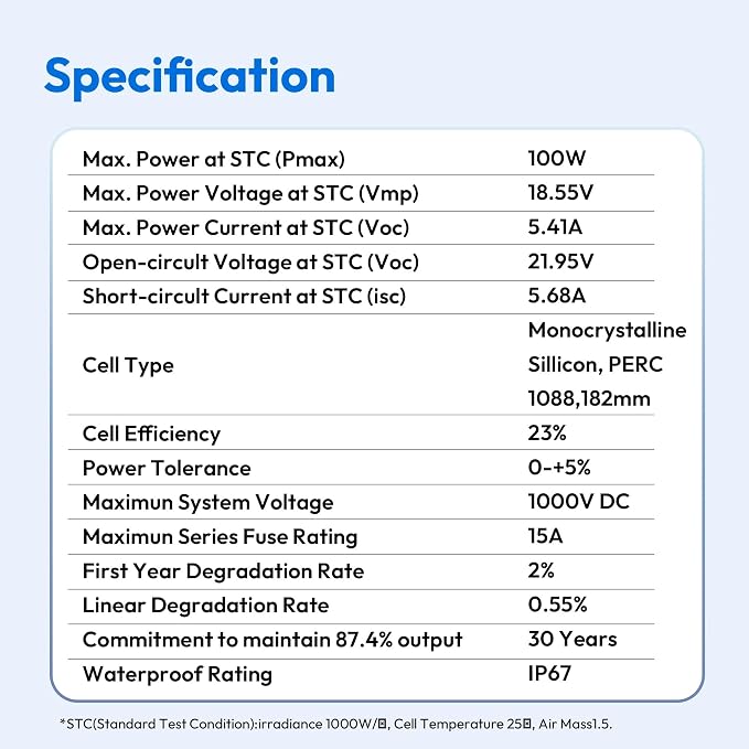 JJN 100 Watt Solar Panels, 10BB Monocrystalline 12V 100W Solar Panel, 23% High Efficiency PV Module Power Charger for RV, Home, Farm, Boat, Caravan and Off-Grid Applications