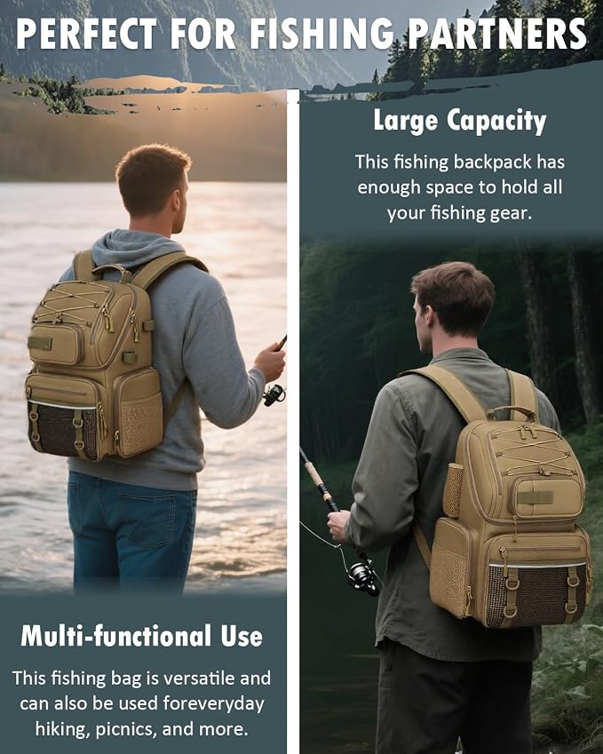 HAMBOLY Fishing Backpack with Tackle Boxes, 50L Fishing Tackle Bag with Cooler & Rod Holders, Waterproof Tackle Bag for Men