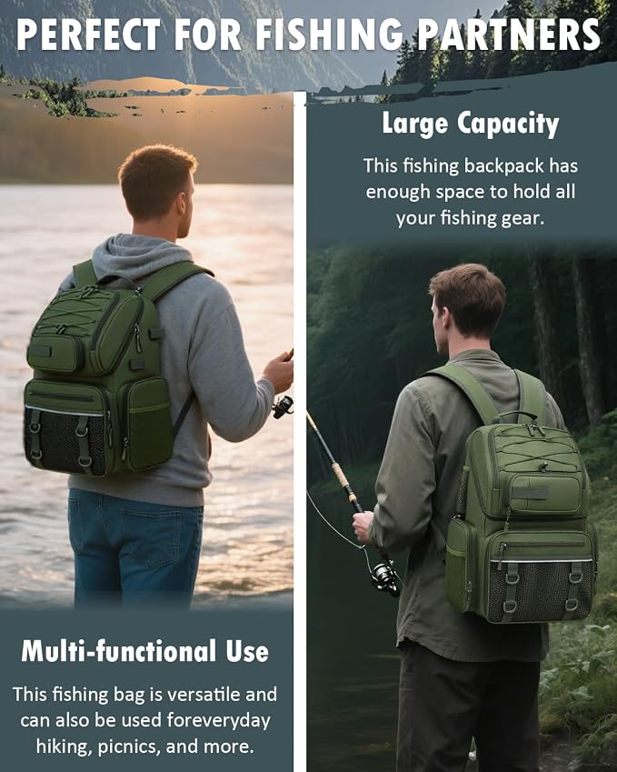 HAMBOLY Fishing Backpack with Tackle Boxes, 50L Fishing Tackle Bag with Cooler & Rod Holders, Waterproof Tackle Bag for Men