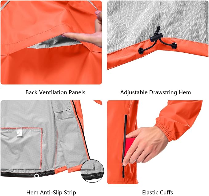 Hugut Men's Cycling Running Rain Jacket Lightweight Waterproof Biking Hiking Windbreaker Raincoat Reflective Packable
