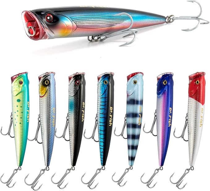 Dr.Fish Popper Saltwater Fishing Lures, 4/5.5 Inches GT Popper VMC Treble Hooks Surf Fishing Lures for Bass Striper Pike Salmon Offshore