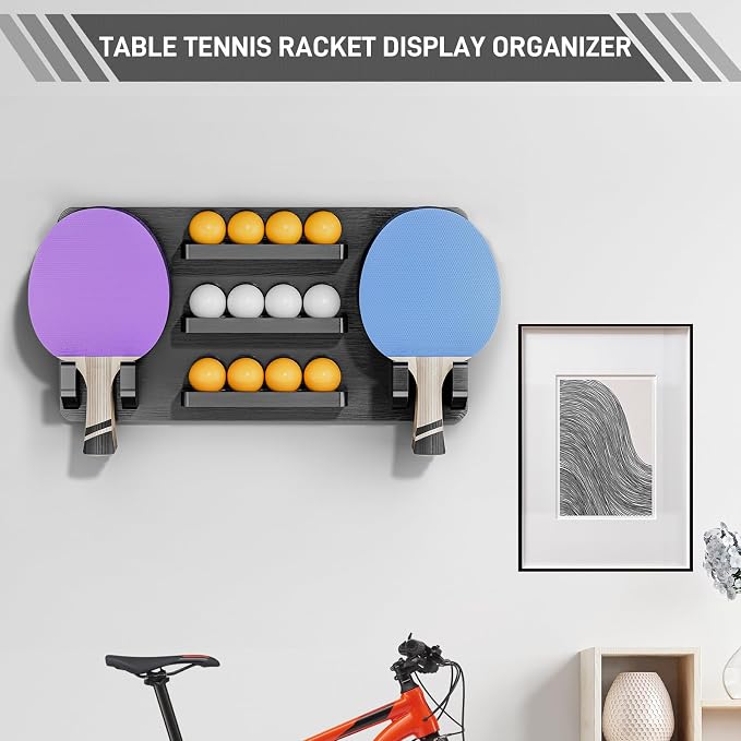 Ping Pong Paddle Holder Wall Mount Hold 8 Paddles and 12 Ball Storage, 100% Solid Wood Ping Pong Paddle Storage Rack, Table Tennis Accessories Organizer in Game Room,Man,Cave,Office,Home, Black