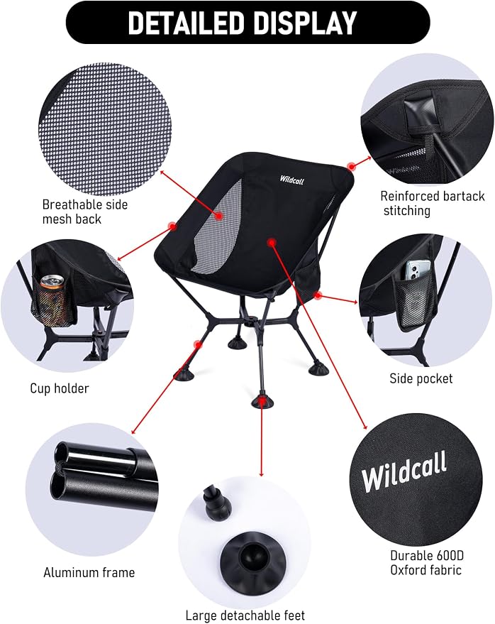 WildCall Lightweight Folding Camping Chair Quick Setup Frame Beach Chair Compact Backpacking Chair with Anti-Sink Feet