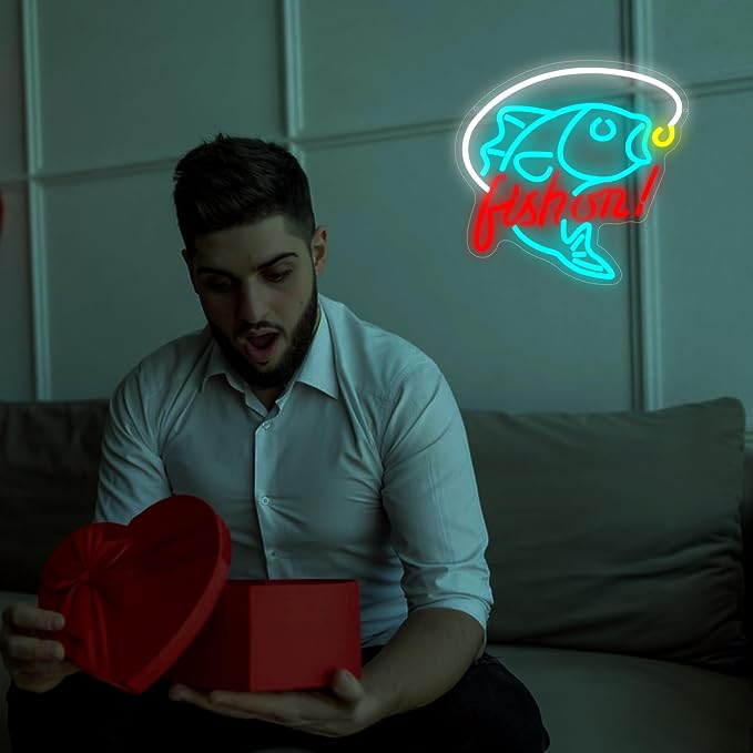 Fishing Neon Sign for Wall Decor Fishing Led Neon Light for Man Cave | Dimmable Neon,Fisherman Birthday Fishing Gifts,Led 5V USB Powered,Fishbowl,Fish Room Decor,Business Shop Wall Art,12.9*12.9in