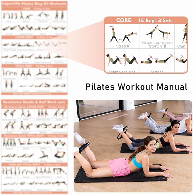 Pilates Ring Kit with Adjustable Ankle Wrist Weights, Resistance Bands, Ball, Pilates Equipment Ball for Home Workout to Tone, Sculpt and Strengthen, Fitness Magic Circle Rings for Yoga Women