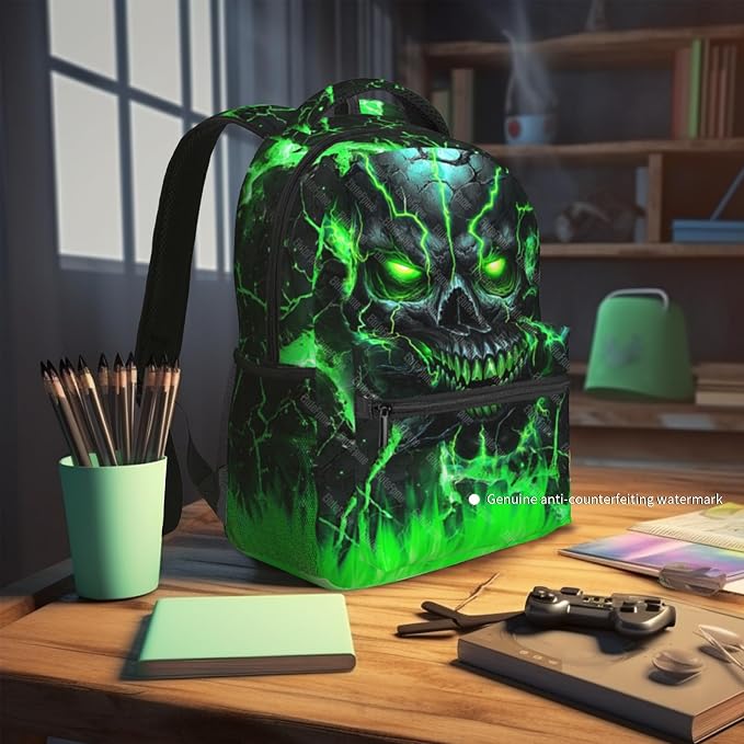 Cool Flame Skull School Backpack for Boys Skull Pattern Boys Backpack Travel Kids' Backpacks Children Teens Elementary Middle School Students Bookbag Back Pack for Age 6-18