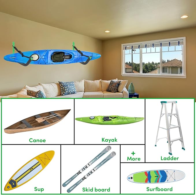 Kayak Storage Rack,Kayak Rack for Garage,Kayak Wall Mount Kayak Wall Rack with Nylon Straps,Heavy Duty Kayak Hanger Kayak Hook Suitable for Kayaks and SUP Paddle Board(4Pack,6 Colors)