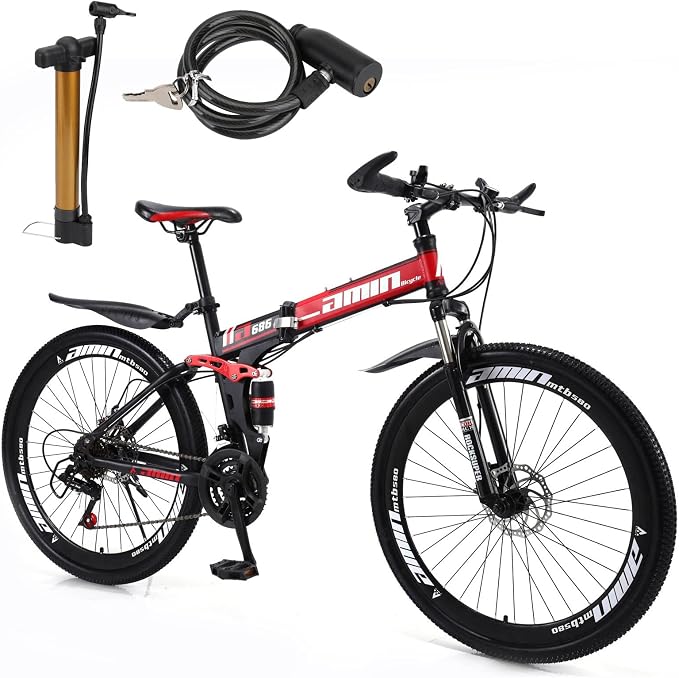 Bruce & Shark Folding Bike, Adjustable Ergonomic Seat, Outdoor Cycling/City Bicycles, Full Suspension, 7 Tower Wheels, with Bike Lock