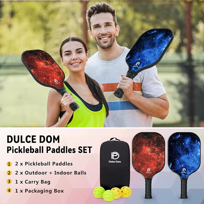 Dulce DOM Pickleball Paddles Set of 2/4 - USAPA Approved, 4 Indoor Outdoor Pickleball Balls, Fiberglass Surface Paddle Racket with Cover Bag, Ideal Training Equipment Gift for Men & Women