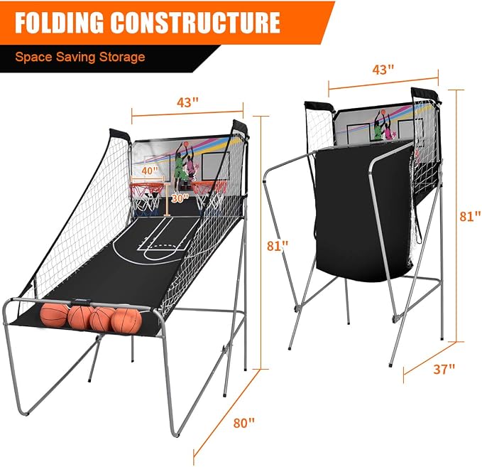 Giantex Foldable Basketball Arcade Game, 8 Game Options, Electronic Double Shot 2 Player w/ 4 Balls and LED Scoring System, Indoor Basketball Game for Kids, Adults, Black & Silver