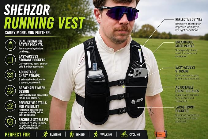 SHEHZOR Hydration Running Vest + 500ml Soft Flask | 9-Pocket Zero-Bounce Trail Running Backpack | Breathable Mesh Tactical Chest Rig for Marathons, Hiking | Unisex Adjustable