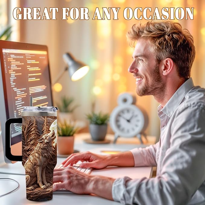 DUUV Wolf Tumbler 40oz, Insulated Wolf Cup Gifts for Man | Wolves Tumbler with Pine Trees Leakproof, Animal Print Water Bottle for Dad, Fathers Day Ideal Gifts for Wolf Lovers, 1 Pack