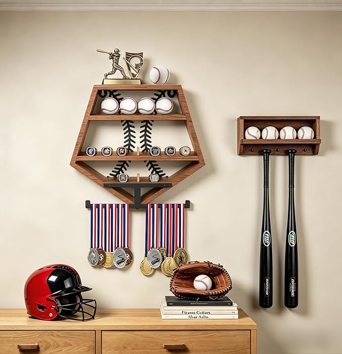 Baseball Ring Holder, Baseball Display Shelf, Soild Wood, Wall Mount Baseball Ring Holder for Balls, Trophy, Medals, and Memorabilia, Walnut Color