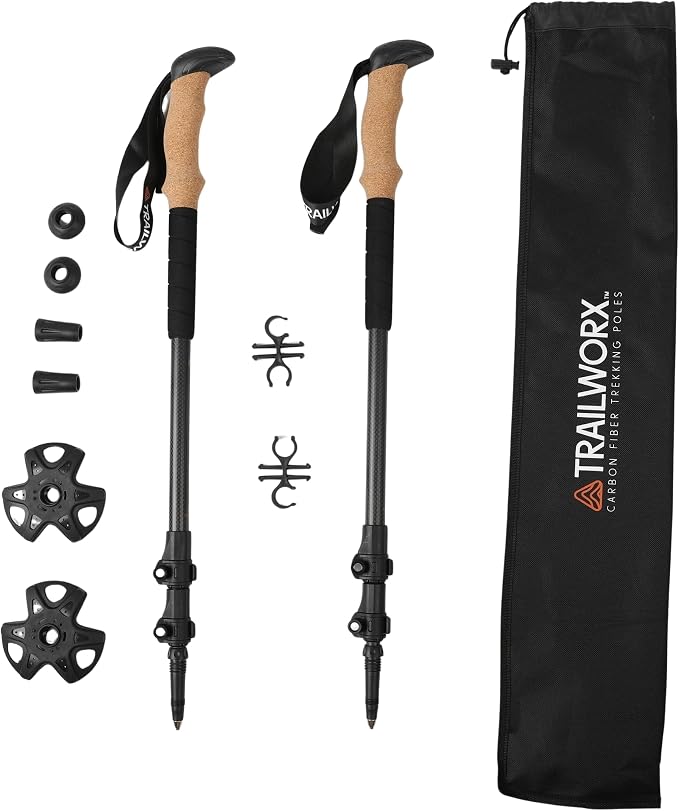 3K Carbon Fiber Trekking Poles, Collapsible Set of 2 Lightweight Adjustable Hiking Poles 24.5"-54" with Cork Grip, Tungsten Carbide Tips, Black, Includes Carry Bag, Snow & Mud Baskets