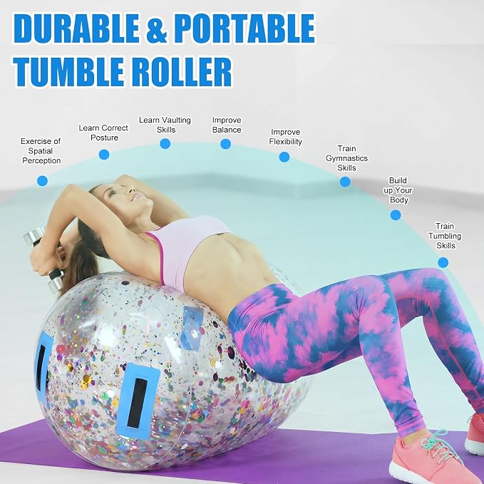 Gemscream Gymnastics Barrel Inflatable Air Roller Mat 40" x 24" Glitter Tumbling Air Barrel Gymnastic Cylinder Tumble Equipment for Back Handspring Trainer Cheerleading Yoga Home Use