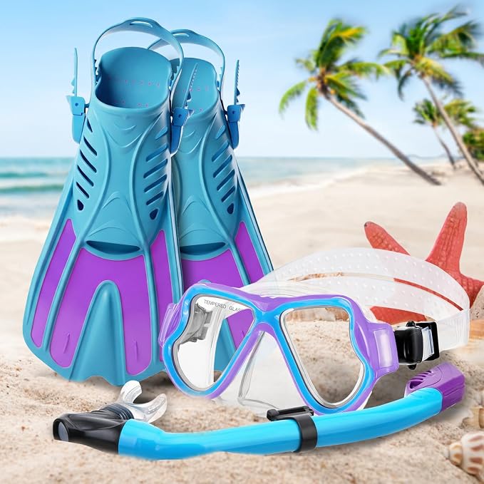 Snorkeling Gear for Kids, 4 in 1 Child Mask Fins Snorkel Set with Panoramic View Anti Fog Mask, Dry Top Snorkel, Trek Fins and Travel Bag, Kids Snorkeling Set with Fins for Snorkeling Swimming