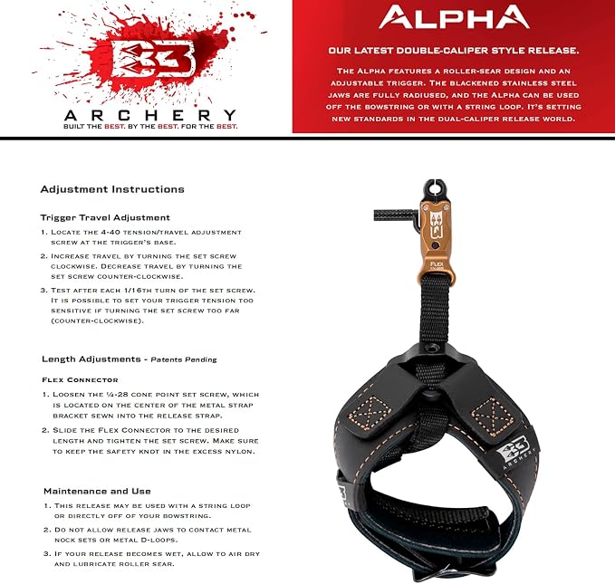 B3 Archery Alpha Double-Caliper Wrist Strap Archery Compound Bow Arrow Release Aid Trigger w/Adjustable Trigger Travel, Roller-Sear Double Stainless Steel Jaws, for Bowstring & String Loop Use