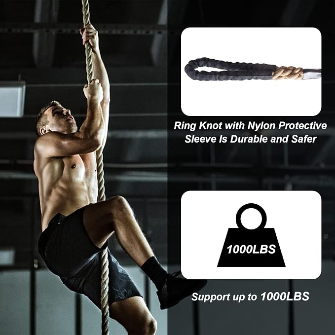 Climbing Rope Gym Exercise Ropes - 1.5 Inch Diameter 10FT 15FT 20FT 25FT 30FT 35FT 40FT 50FT Climb Rope for Fitness & Strength Training, Workout Climbing Rope for Adults Kids Home Indoor or Outdoor