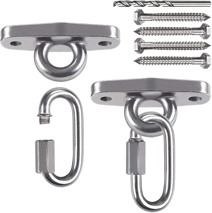 IOH 2 Pcs Heavy Duty Swing Hangers with 4 Screws SUS 304 Antirust, Playground Porch Yoga Seat Trapeze, Hammock Chair, Hanging Kit, Indoor Outdoor, 2000lb Capacity | 2 Quick Link Oval Carabiner |
