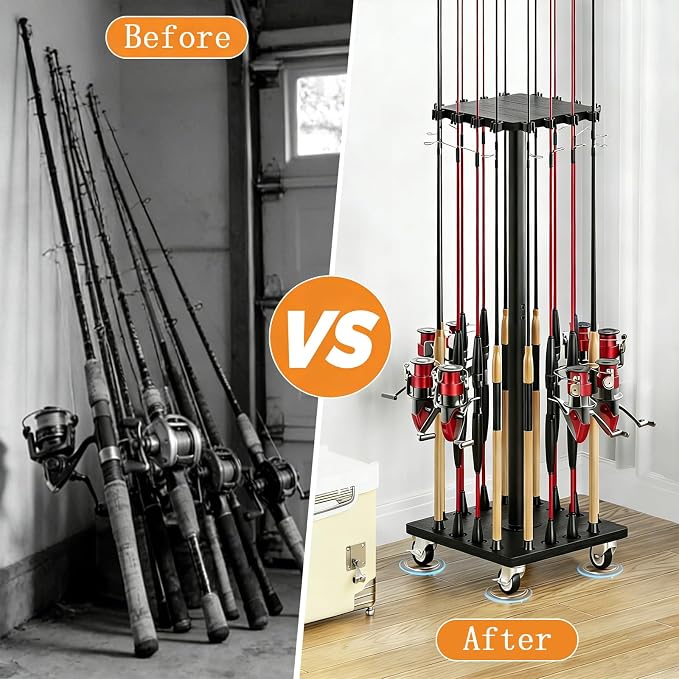 Fishing Rod Holders for Garage 360° Rotating Fishing Pole Rack, Floor Stand Holds up to 16 Poles Fishing Gear Equipment Storage Organizer, Fishing Gifts for Men Women, Black