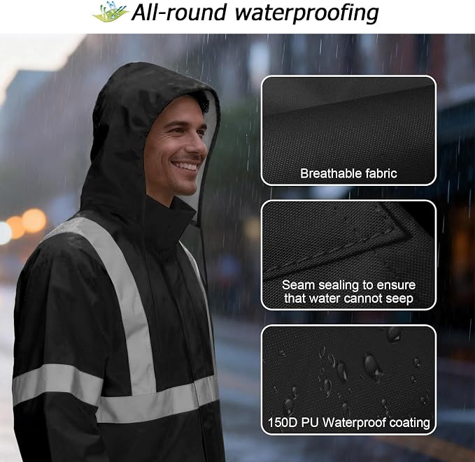 Rain Jacket, High Visibility Rain Coat, Waterproof Raincoat with Hood, Lightweight Rain Suit for Outdoor Activities, Rain Ponchos for Adults Reusable, Men Women, Black T, XXL-3XL