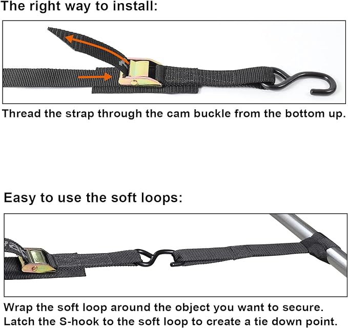 Ayaport Cam Buckle Tie Down Straps 8 feet 3000lbs Break Strength Securing Straps with S Hooks for Motorcycle, Kayak, Car, Truck, Dirt Bike