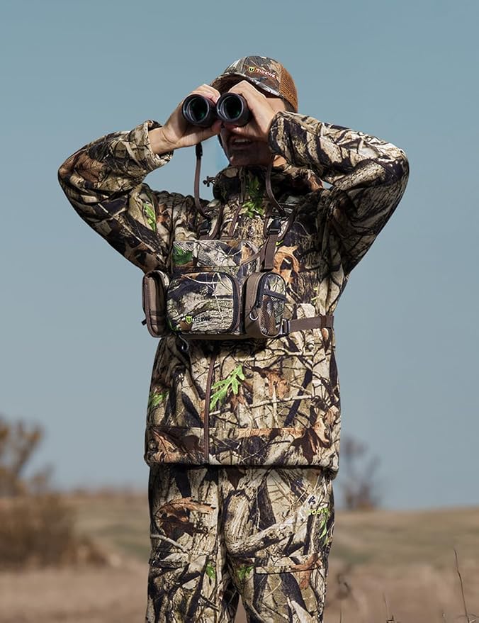 TIDEWE Binocular Harness Chest Pack with MOLLE System, 2 Detachable Pouches, Silent Magnetic Closure, Lightweight & Waterproof Bino Harness for Hunting, Hiking & Birdwatching, Next Camo G2