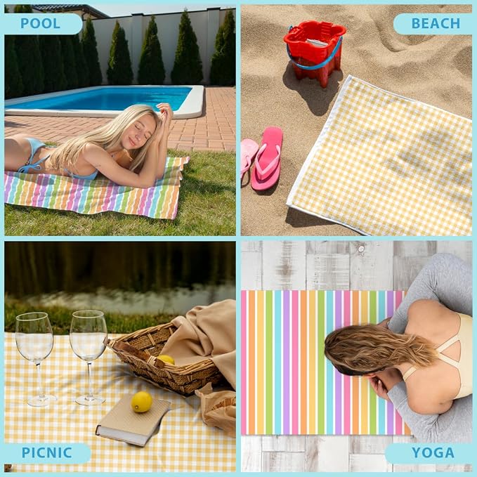 2 Pcs Microfiber Beach Towel Sand Free Quick Dry Oversized Gingham Checkered Yellow and White Retro Travel Pool Towels Lightweight for Adults Swimming Sports Gym Yoga 71 x 32 Inches
