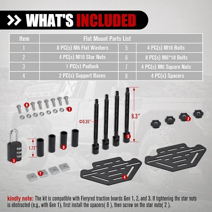 FieryRed Recovery Traction Board Mounting Kit, Universal Roof Rack Fit with Quick-Release Knobs & Anti-Theft Padlock, for Rooftop Platform (Only for 2 Boards)